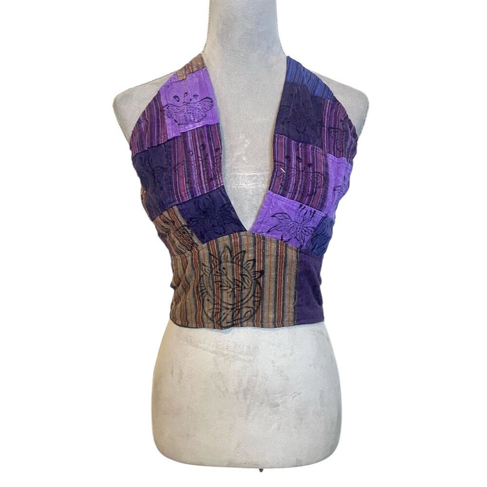 Boho Reversible Patchwork Halter Crop Tank Top Plus Size Festival Hippie